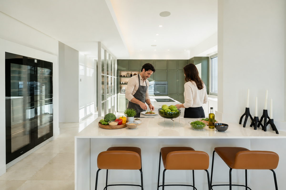 Two people preparing fresh food together at a kitchen island, one wearing a chef's apron.