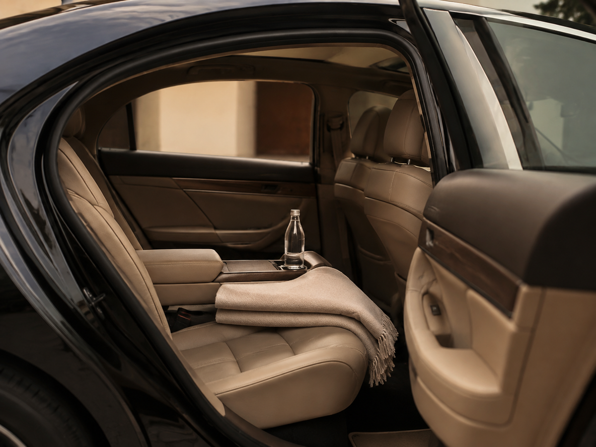 The rear seat of a private car, with a folded blanket and water set out.