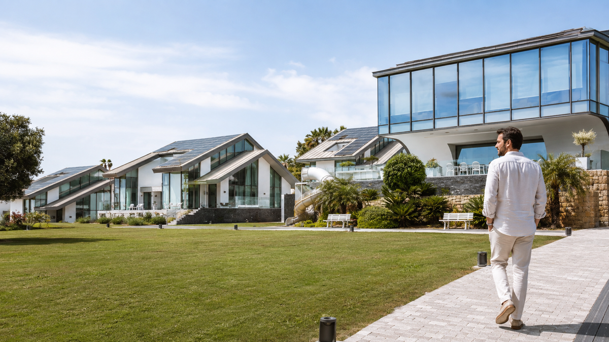 A man walking a paved path beside the glass frontage of the residence.
