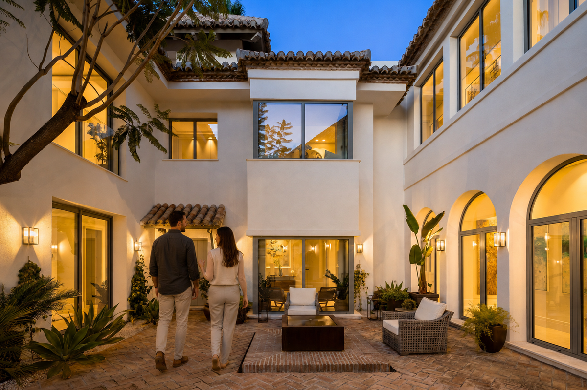 Two people walking together through the lit courtyard of the villa at dusk.