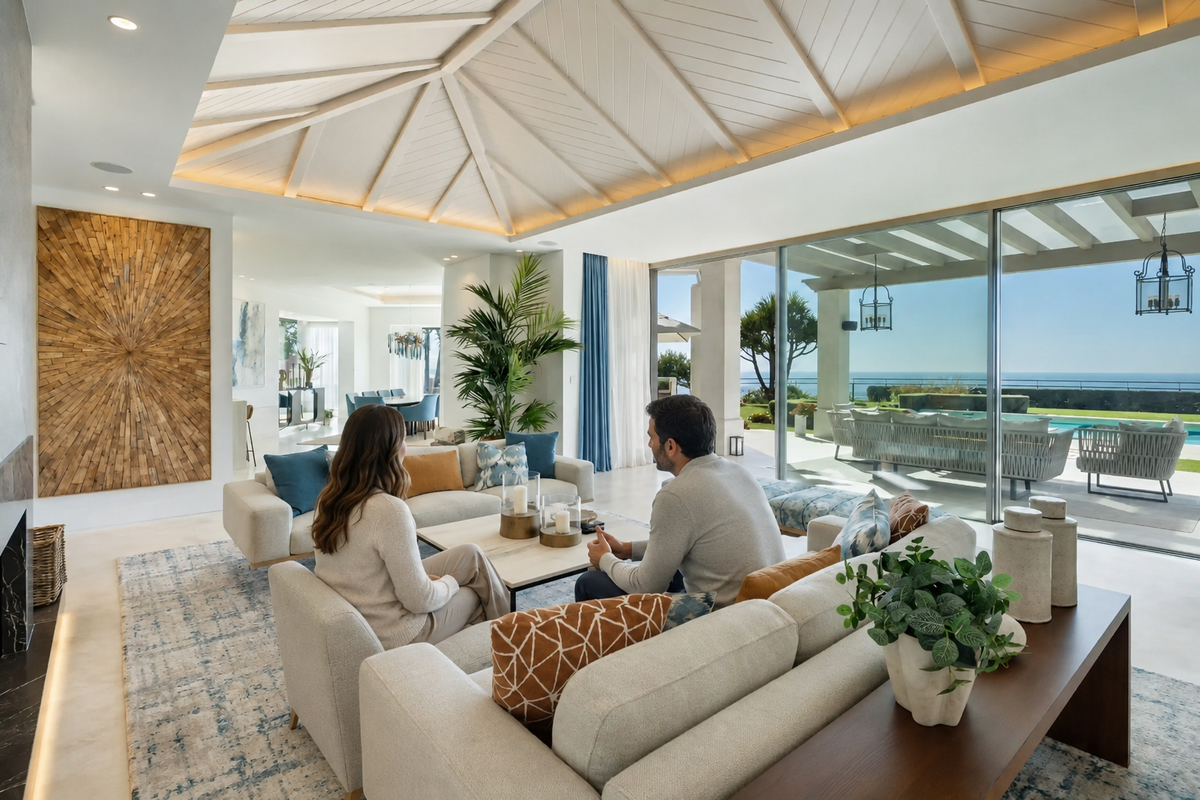 Two people sitting and talking in a bright living room open to the terrace.
